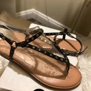 Aldo sandals, black with gold beads.
